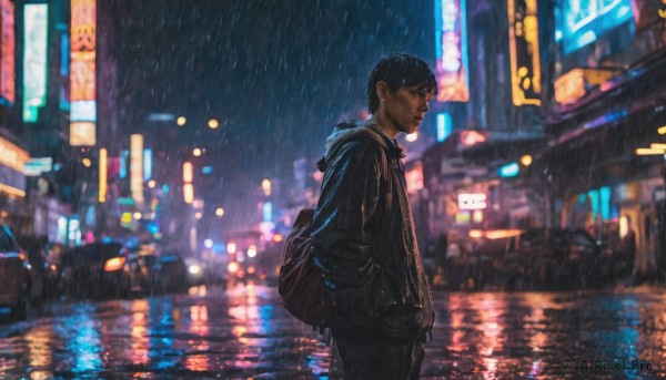 An iconic male framed by a calm rainy outdoors