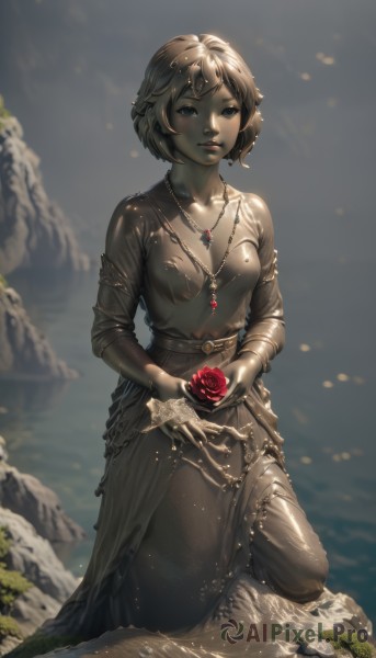 1girl,solo,breasts,looking at viewer,short hair,blue eyes,brown hair,long sleeves,dress,holding,jewelry,collarbone,flower,small breasts,outdoors,artist name,water,necklace,blurry,lips,wet,kneeling,rose,red flower,gem,red rose,rock,holding flower,blonde hair,hair ornament,gloves,cleavage,medium breasts,closed mouth,shiny,black dress,bracelet,depth of field,blurry background,sunlight,long dress,forehead jewel