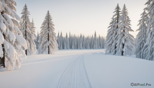 1girl,solo,outdoors,sky,day,tree,no humans,nature,scenery,snow,forest,mountain,winter,bare tree,pine tree,blue sky,landscape