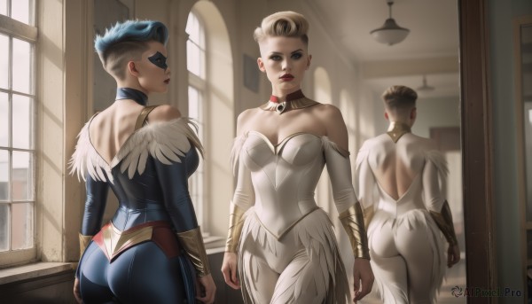 breasts,short hair,blue eyes,multiple girls,blonde hair,brown hair,dress,2girls,cleavage,bare shoulders,jewelry,medium breasts,blue hair,ass,earrings,indoors,off shoulder,white dress,window,bodysuit,makeup,mask,back,lipstick,reflection,mirror,red lips,bracer,very short hair,white bodysuit,domino mask,feather trim,eye mask,different reflection,1girl,looking at viewer,large breasts,closed mouth,standing,collarbone,multicolored hair,detached sleeves,choker,artist name,3girls,collar,two-tone hair,lips,fur trim,asymmetrical hair,undercut