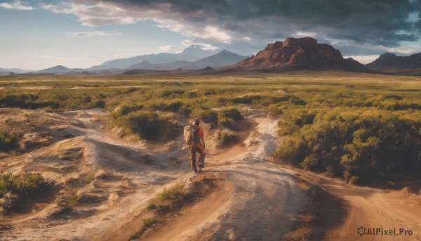 1girl,short hair,brown hair,shirt,1boy,hat,standing,male focus,boots,outdoors,sky,day,pants,cloud,bag,from behind,tree,blue sky,backpack,cloudy sky,grass,nature,scenery,forest,walking,mountain,road,wide shot,landscape,mountainous horizon,path,black hair,multiple boys,2boys