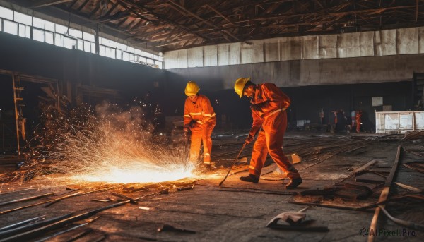 short hair,blonde hair,shirt,black hair,gloves,long sleeves,holding,standing,jacket,male focus,boots,multiple boys,shoes,pants,indoors,black footwear,looking at another,uniform,helmet,6+boys,jumpsuit,hardhat,2boys,fire,broken glass,orange pants