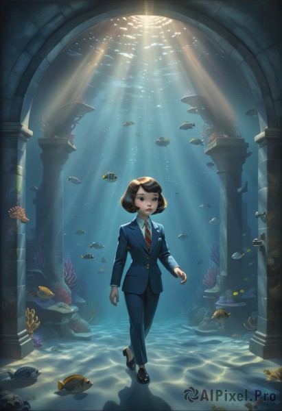 1girl,solo,looking at viewer,short hair,brown hair,shirt,black hair,long sleeves,brown eyes,school uniform,standing,jacket,white shirt,necktie,shoes,striped,collared shirt,pants,water,black footwear,black eyes,formal,sunlight,suit,red necktie,goggles,fish,walking,bubble,light rays,underwater,blue pants,air bubble,sunbeam,striped necktie,pillar,pant suit,turtle,caustics,coral,aquarium,bangs,blue eyes,full body,parted lips,high heels,lips,swept bangs,bob cut,blazer,blue jacket,column