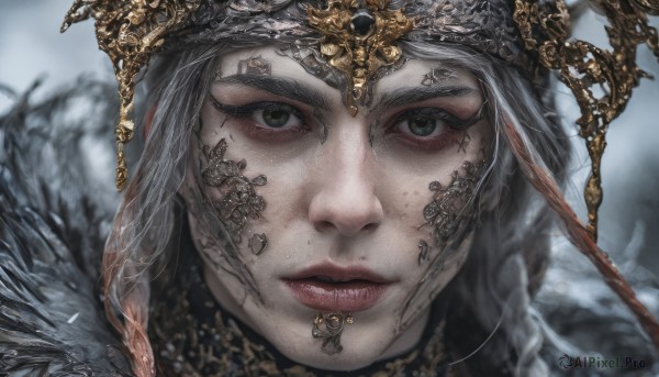 1girl,solo,long hair,looking at viewer,closed mouth,green eyes,braid,grey hair,blurry,lips,grey eyes,eyelashes,makeup,depth of field,blurry background,feathers,portrait,close-up,freckles,realistic,red lips,tattoo,piercing,crown,nose piercing,lip piercing,eyebrow piercing