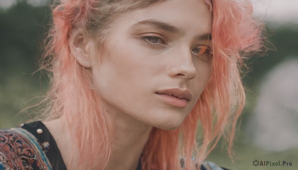 1girl,solo,long hair,looking at viewer,1boy,closed mouth,pink hair,male focus,blurry,black eyes,lips,grey eyes,eyelashes,tattoo,depth of field,blurry background,messy hair,portrait,realistic,nose,brown eyes,jewelry,parted lips,orange hair