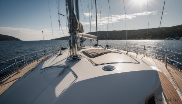 outdoors,sky,day,cloud,water,blue sky,no humans,ocean,sunlight,ground vehicle,scenery,motor vehicle,railing,sun,horizon,car,road,watercraft,vehicle focus,power lines,lamppost,utility pole,boat,shadow,beach,cloudy sky,light rays,sand,ship,waves,shore,dock