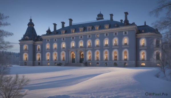 outdoors,sky,tree,blue sky,no humans,window,night,building,night sky,scenery,snow,snowing,door,house,winter,bare tree,star (sky),stairs,fantasy,architecture,path,arch