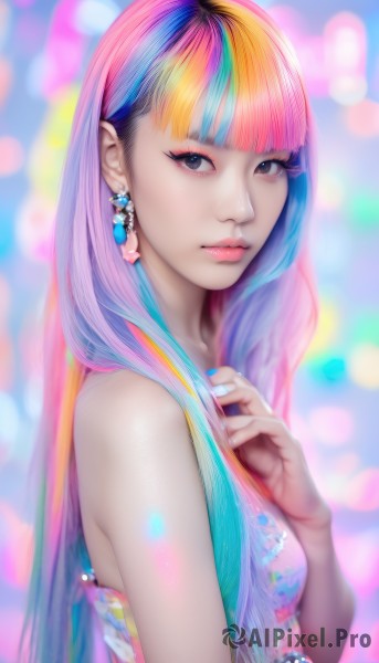 1girl,solo,long hair,breasts,looking at viewer,bangs,blue eyes,dress,bare shoulders,jewelry,closed mouth,blue hair,upper body,pink hair,purple hair,multicolored hair,earrings,small breasts,sleeveless,artist name,hand up,blunt bangs,nail polish,blurry,from side,lips,fingernails,eyelashes,makeup,depth of field,blurry background,watermark,gem,web address,multicolored clothes,eyeshadow,personification,blue nails,pink lips,realistic,nose,eyeliner,multicolored nails,colorful,mascara,rainbow hair,shiny,black eyes,two-tone hair,looking to the side,aqua hair,lipstick,hand on own chest,bokeh,pearl (gemstone)