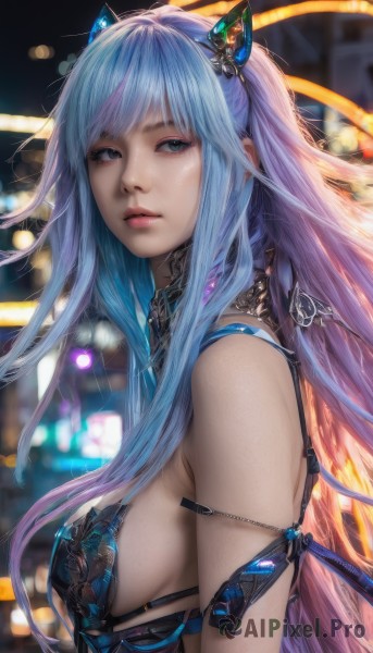 1girl,solo,long hair,breasts,looking at viewer,bangs,blue eyes,large breasts,hair ornament,animal ears,bare shoulders,medium breasts,closed mouth,blue hair,upper body,purple hair,multicolored hair,blurry,from side,lips,grey eyes,sideboob,gradient hair,depth of field,blurry background,fake animal ears,realistic,nose,very long hair,pink hair,sidelocks,parted lips,artist name,armor,looking to the side,eyelashes,makeup,revealing clothes,armlet,eyeliner,mascara