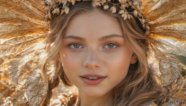 1girl,solo,long hair,looking at viewer,smile,blonde hair,brown hair,hair ornament,brown eyes,green eyes,parted lips,teeth,artist name,grin,lips,grey eyes,eyelashes,feathers,portrait,close-up,freckles,realistic,headdress,open mouth,upper teeth only,veil,nose