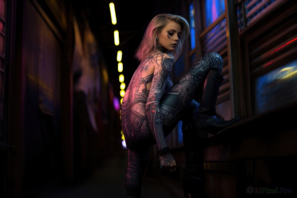 1girl,solo,long hair,gloves,jewelry,sitting,closed eyes,pink hair,multicolored hair,earrings,boots,pants,fingerless gloves,black footwear,blurry,from side,bodysuit,tattoo,makeup,night,blurry background,knee up,city,realistic,nose,arm tattoo,undercut,facial tattoo,cyberpunk,neck tattoo,back tattoo,neon lights,looking at viewer,blonde hair,closed mouth,medium hair,two-tone hair,lips,gradient hair,superhero,spider web print