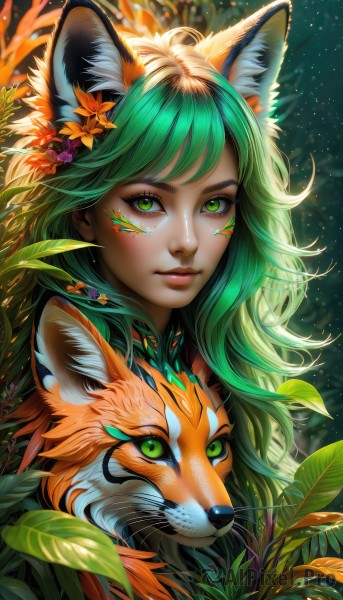 1girl,solo,long hair,looking at viewer,bangs,hair ornament,animal ears,closed mouth,green eyes,upper body,flower,multicolored hair,outdoors,green hair,artist name,cat ears,hair flower,lips,animal ear fluff,fox ears,eyelashes,makeup,animal,leaf,watermark,facial mark,plant,slit pupils,portrait,nature,light particles,eyeshadow,freckles,nose,whisker markings,fox,web address,facepaint,tiger