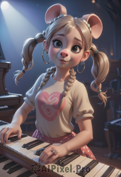 1girl,solo,long hair,breasts,looking at viewer,smile,bangs,blonde hair,shirt,animal ears,twintails,jewelry,upper body,braid,short sleeves,earrings,small breasts,parted lips,teeth,artist name,indoors,nail polish,blurry,black eyes,twin braids,lips,makeup,blurry background,piercing,ring,instrument,ear piercing,furry,freckles,hoop earrings,mouse ears,hair tie,furry female,music,playing instrument,mouse girl,piano,keyboard (instrument),buck teeth,blush,skirt,brown eyes,sitting,heart,puffy sleeves,polka dot,extra ears,pink skirt,heart print