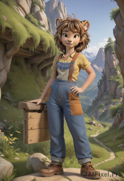 1girl,solo,looking at viewer,smile,short hair,open mouth,bangs,brown hair,shirt,hair ornament,animal ears,brown eyes,standing,full body,flower,short sleeves,boots,outdoors,sky,teeth,day,artist name,medium hair,bag,tree,blue sky,hand on hip,upper teeth only,brown footwear,suspenders,antenna hair,grass,denim,child,extra ears,yellow shirt,rock,mountain,female child,overalls,collarbone,tail,parted lips,shoes,nail polish,lips,plant,nature,scenery,cross-laced footwear,forest,freckles,tiger ears,cliff