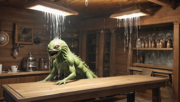 solo,open mouth,red eyes,teeth,indoors,water,cup,no humans,colored skin,table,bottle,sharp teeth,monster,wooden floor,green skin,shelf,jar,bar (place),counter,wooden wall,tongue,horror (theme)