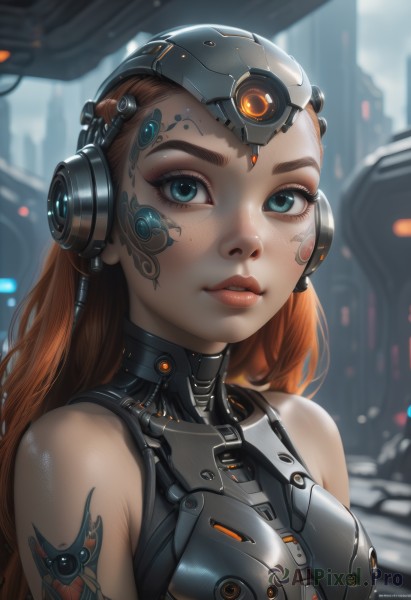 1girl,solo,long hair,breasts,looking at viewer,blue eyes,brown hair,bare shoulders,upper body,parted lips,sleeveless,artist name,orange hair,blurry,lips,eyelashes,bodysuit,tattoo,makeup,blurry background,headgear,eyeshadow,freckles,science fiction,nose,cyborg,cyberpunk,armor,aqua eyes,headphones,portrait,realistic,eyeliner,cable,mascara