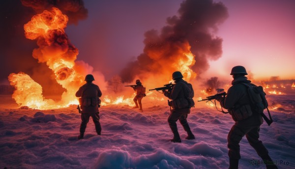 holding,standing,weapon,male focus,boots,outdoors,multiple boys,sky,pants,2boys,water,bag,from behind,holding weapon,uniform,gun,military,military uniform,ocean,beach,backpack,3boys,helmet,fire,holding gun,rifle,smoke,4boys,sunset,horizon,assault rifle,explosion,submachine gun,soldier,burning,kalashnikov rifle,war,scenery,firing,tactical clothes