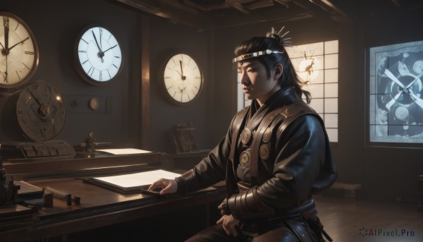 solo,long hair,black hair,long sleeves,1boy,sitting,closed mouth,weapon,male focus,japanese clothes,belt,sword,indoors,hair bun,from side,book,window,headband,facial hair,table,sunlight,sheath,beard,desk,sheathed,realistic,clock,scroll,topknot,roman numeral,hair ornament,upper body,gun,profile,chinese clothes,single hair bun,rifle,robe,hair stick