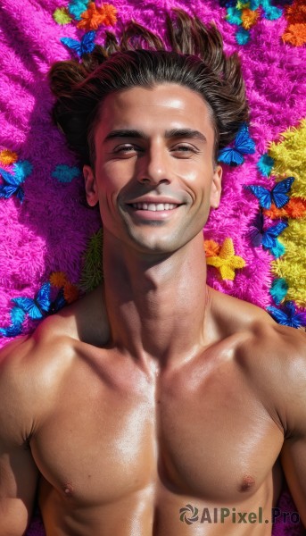 solo,looking at viewer,smile,brown hair,black hair,1boy,brown eyes,nipples,collarbone,upper body,flower,male focus,nude,lying,teeth,shiny,on back,grin,black eyes,lips,facial hair,bug,pectorals,butterfly,topless male,realistic,mustache,blue butterfly,short hair,muscular,muscular male,floral background