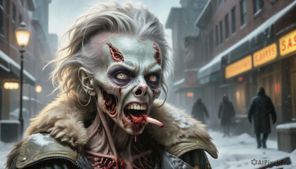 HQ,1girl,looking at viewer,short hair,open mouth,1boy,jewelry,jacket,yellow eyes,white hair,male focus,earrings,outdoors,multiple boys,teeth,solo focus,tongue,artist name,tongue out,armor,blurry,coat,orange eyes,fur trim,blood,mask,depth of field,blurry background,colored skin,fangs,sharp teeth,building,motor vehicle,snow,science fiction,monster,snowing,city,sign,realistic,eyeball,road,leather,cyborg,lamppost,street,extra eyes,zombie,alien,horror (theme),cyberpunk,day,pale skin,walking,blood on face,winter,multiple others,long tongue,alley,forked tongue