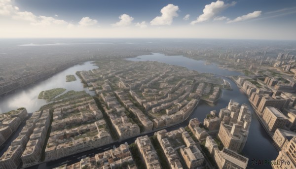 outdoors,sky,day,cloud,water,blue sky,no humans,ocean,from above,building,scenery,city,aircraft,horizon,cityscape,watercraft,river,skyscraper,tower,boat,landscape,island,dutch angle,cloudy sky