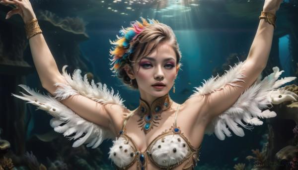 1girl,solo,breasts,looking at viewer,short hair,blue eyes,blonde hair,brown hair,hair ornament,cleavage,jewelry,medium breasts,swimsuit,upper body,bikini,earrings,small breasts,parted lips,wings,artist name,armpits,water,necklace,arms up,bracelet,lips,makeup,animal,watermark,sunlight,outstretched arms,feathers,gem,eyeshadow,fish,light rays,underwater,realistic,spread arms,red lips,feather hair ornament,sunbeam,mascara,underwear,bra,armor,scar,bikini top only,fantasy,eyeliner,coral