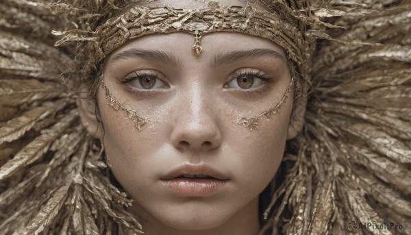 1girl,solo,looking at viewer,simple background,brown hair,brown eyes,closed mouth,parted lips,lips,eyelashes,feathers,portrait,close-up,realistic,straight-on,eye focus,1boy,jewelry,male focus,earrings,expressionless,androgynous,freckles,gold,brown theme,wheat