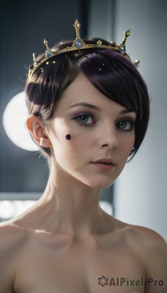 1girl,solo,breasts,looking at viewer,short hair,bangs,brown hair,black hair,dress,cleavage,bare shoulders,brown eyes,jewelry,collarbone,upper body,earrings,parted lips,blurry,black eyes,lips,eyelashes,strapless,makeup,blurry background,tiara,crown,portrait,freckles,realistic,nose,green eyes,nude,hair bun,gem