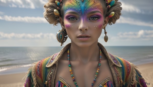 1girl,solo,breasts,looking at viewer,short hair,brown hair,hair ornament,cleavage,jewelry,green eyes,collarbone,upper body,earrings,outdoors,parted lips,sky,day,artist name,cloud,water,necklace,hair bun,blurry,blue sky,lips,grey eyes,eyelashes,double bun,makeup,depth of field,blurry background,ocean,facial mark,beach,feathers,gem,portrait,eyeshadow,freckles,beads,realistic,nose,sand,eyeliner,feather hair ornament,fringe trim,bead necklace,mascara,hair beads,black hair,teeth,close-up,headdress,facepaint