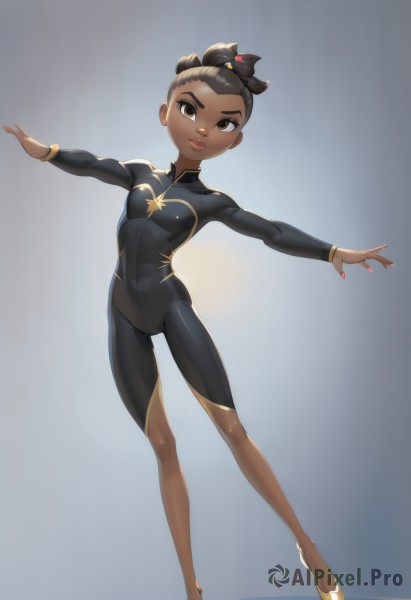 1girl,solo,breasts,looking at viewer,short hair,black hair,hair ornament,long sleeves,brown eyes,jewelry,closed mouth,standing,full body,small breasts,dark skin,nail polish,covered nipples,dark-skinned female,lips,gradient,gradient background,bodysuit,covered navel,single hair bun,outstretched arms,skin tight,spread arms,black bodysuit,undercut,very dark skin,brown hair,hair bun,child