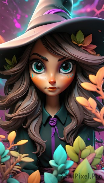 1girl,solo,long hair,looking at viewer,bangs,blue eyes,brown hair,shirt,hair ornament,long sleeves,hat,closed mouth,green eyes,upper body,flower,grey hair,necktie,collared shirt,artist name,hair flower,blurry,aqua eyes,lips,black shirt,eyelashes,makeup,witch hat,swept bangs,glowing,leaf,watermark,thick eyebrows,plant,wing collar,web address,freckles,nose,purple ribbon,witch,purple necktie,coral