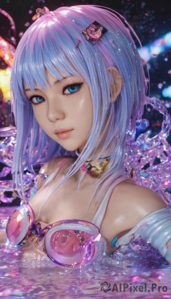 1girl,solo,breasts,looking at viewer,smile,short hair,bangs,blue eyes,hair ornament,cleavage,bare shoulders,closed mouth,blue hair,upper body,small breasts,choker,hairclip,shiny,water,lips,wet,shiny skin,eyelashes,gem,partially submerged,pink lips,realistic,nose,collarbone,pink hair,purple hair,sidelocks,multicolored hair,artist name,blurry,shiny hair,petals,gradient hair,makeup,eyeshadow,science fiction,water drop,eyeliner,cable,cyborg,mascara,cyberpunk