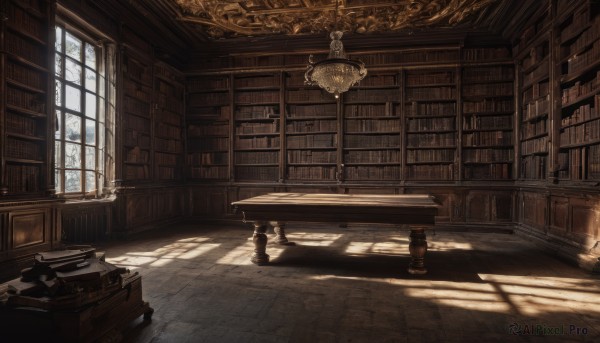 day,indoors,book,no humans,window,shadow,chair,table,sunlight,scenery,desk,light rays,wooden floor,stairs,bookshelf,lamp,candle,sunbeam,book stack,library,ceiling,ladder,candlestand,chandelier,globe,chess piece