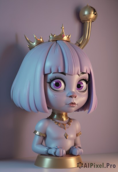 1girl,solo,breasts,looking at viewer,short hair,bangs,jewelry,closed mouth,blue hair,purple eyes,upper body,pink hair,multicolored hair,small breasts,choker,artist name,blunt bangs,necklace,collar,bracelet,two-tone hair,lips,loli,makeup,colored skin,bob cut,crown,armlet,freckles,blue skin,no nipples,nipples,white hair,nude,flat chest,eyelashes,nose,female child,neck ring