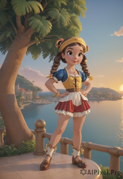 1girl,solo,long hair,looking at viewer,smile,skirt,brown hair,shirt,hat,ribbon,brown eyes,jewelry,closed mouth,standing,full body,braid,short sleeves,outdoors,sky,shoes,socks,puffy sleeves,belt,cloud,water,necklace,twin braids,flat chest,bracelet,tree,puffy short sleeves,lips,red skirt,ocean,brown footwear,child,corset,sunset,hands on hips,palm tree,railing,sun,female child,bridge,river,twilight,yellow headwear,lake,island,bow,twintails,collarbone,frills,miniskirt,sash,frilled skirt,plant,white socks,building,mary janes,freckles,nose,bobby socks