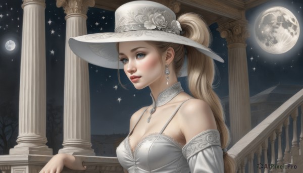 1girl,solo,long hair,breasts,looking at viewer,blue eyes,blonde hair,hat,dress,cleavage,bare shoulders,jewelry,medium breasts,collarbone,upper body,ponytail,flower,earrings,outdoors,detached sleeves,sky,choker,white dress,tree,lips,makeup,detached collar,night,rose,white headwear,moon,white flower,star (sky),night sky,full moon,starry sky,sun hat,realistic,nose,railing,hat flower,red lips,white rose,pillar,balcony,blush,necklace,hat feather