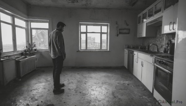 solo,short hair,long sleeves,1boy,standing,jacket,monochrome,greyscale,male focus,shoes,pants,indoors,from behind,window,plant,scenery,door,potted plant,wide shot,kitchen,horror (theme),sink,cabinet,mirror,bathroom,faucet