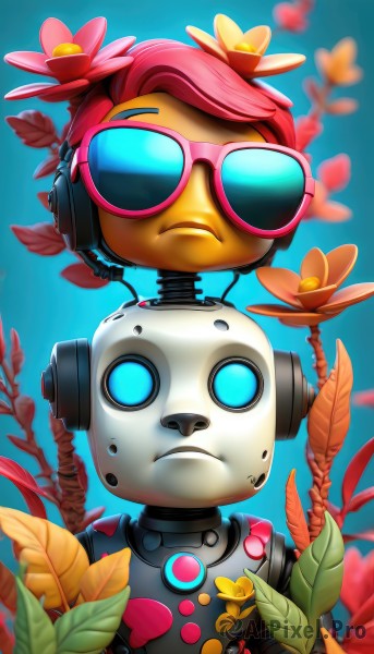 solo,looking at viewer,1boy,upper body,pink hair,flower,male focus,sky,blurry,blue sky,no humans,headphones,leaf,blue background,sunglasses,plant,robot,1other,tinted eyewear,humanoid robot,1girl,blue eyes,hair ornament,glasses,artist name,hair flower,colored skin,frown,pink-framed eyewear