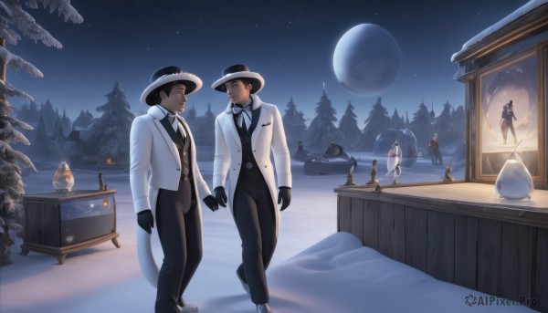 1girl,short hair,multiple girls,brown hair,black hair,gloves,hat,jacket,male focus,outdoors,multiple boys,necktie,sky,black gloves,pants,2boys,looking at another,vest,tree,night,holding hands,facial hair,bird,black pants,formal,moon,table,suit,couple,star (sky),night sky,yaoi,snow,full moon,starry sky,top hat,snowing,winter,snowman,board game,white suit,tent,pine tree,smile,bow,white jacket,beard,forest,walking,6+boys,mountain,mustache,snowball