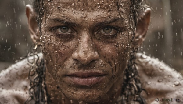 1girl,solo,long hair,looking at viewer,black hair,1boy,brown eyes,jewelry,closed mouth,braid,male focus,earrings,dark skin,water,necklace,blurry,lips,wet,blurry background,scar,portrait,scar on face,close-up,rain,water drop,realistic,wet hair,brown hair,pointy ears,depth of field