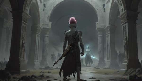 short hair,gloves,1boy,holding,standing,weapon,pink hair,male focus,outdoors,multiple boys,solo focus,pants,sword,cloud,2boys,from behind,holding weapon,gun,torn clothes,tattoo,muscular,glowing,spiked hair,holding gun,scenery,rifle,topless male,ruins,multiple others,pillar,statue,jewelry,belt,back,halo,holding sword,black pants,sheath,dual wielding,rock,facing away,bald,rubble