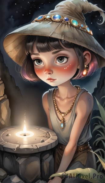 1girl,solo,blush,short hair,bangs,brown hair,black hair,hat,dress,holding,bare shoulders,jewelry,sitting,closed mouth,collarbone,earrings,outdoors,sky,sleeveless,belt,blunt bangs,necklace,black eyes,flat chest,bracelet,lips,grey eyes,witch hat,night,glowing,leaf,looking away,moon,bob cut,fire,plant,gem,child,star (sky),night sky,pendant,starry sky,rock,nose,witch,female child,magic,candle,grey dress,grey headwear,skirt,shirt,white shirt,upper body,artist name,bare arms,eyelashes,sleeveless shirt,watermark,tank top,crescent,brown skirt,crescent moon