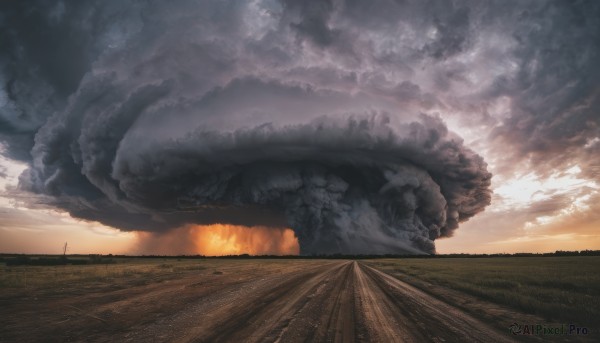 outdoors,sky,cloud,no humans,cloudy sky,grass,fire,scenery,smoke,sunset,monster,road,power lines,railroad tracks,field,landscape