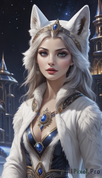 1girl,solo,long hair,breasts,looking at viewer,blue eyes,long sleeves,animal ears,cleavage,jewelry,medium breasts,closed mouth,green eyes,upper body,white hair,earrings,outdoors,sky,hood,necklace,lips,coat,grey eyes,fur trim,makeup,night,heterochromia,tiara,lipstick,gem,star (sky),night sky,snow,starry sky,snowing,nose,white coat,red lips,dress,parted lips,artist name,eyelashes,wavy hair,wolf ears,thick eyebrows,realistic,mascara,diadem