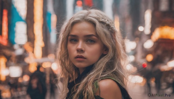 1girl,solo,long hair,looking at viewer,blue eyes,blonde hair,hair ornament,upper body,white hair,parted lips,blurry,lips,grey eyes,depth of field,blurry background,wavy hair,portrait,freckles,realistic,nose,bare shoulders,outdoors