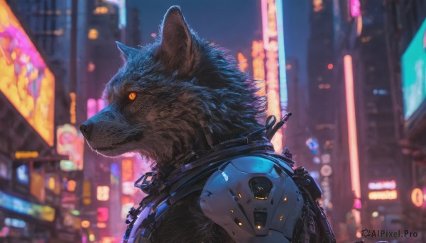 solo, 1boy, upper body, outdoors, blurry, from side, orange eyes, no humans, night, blurry background, animal, building, furry, science fiction, city, furry male, cyberpunk, neon lights