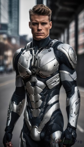 solo,looking at viewer,short hair,brown hair,gloves,1boy,brown eyes,closed mouth,standing,male focus,cowboy shot,outdoors,fingerless gloves,armor,blurry,bodysuit,blurry background,building,clenched hands,science fiction,realistic,superhero,day,black gloves,muscular,muscular male,black bodysuit,undercut