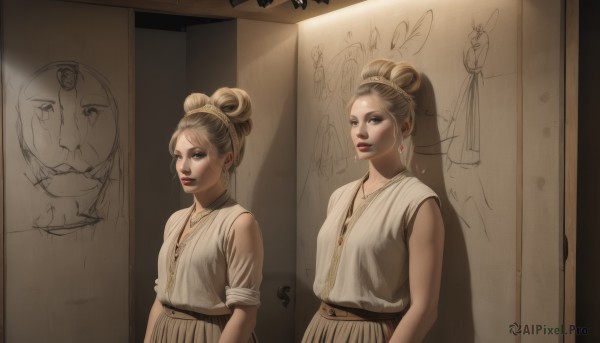 looking at viewer,multiple girls,blonde hair,brown hair,dress,2girls,brown eyes,jewelry,closed mouth,upper body,earrings,parted lips,belt,necklace,hair bun,white dress,lips,siblings,sisters,twins,realistic,drawing,updo,1girl,solo,breasts,blue eyes,indoors,makeup,multiple views,single hair bun,lipstick,sleeves rolled up