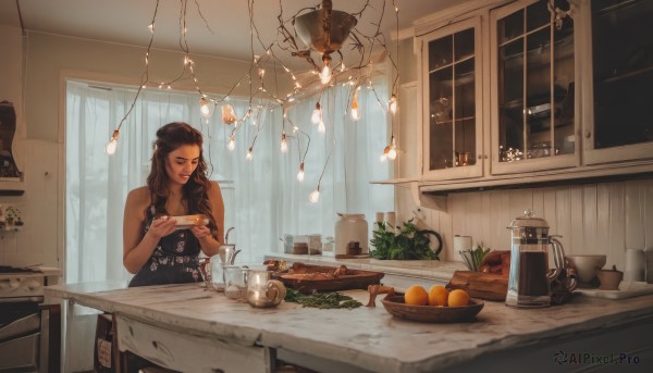 1girl,solo,long hair,brown hair,black hair,holding,bare shoulders,brown eyes,closed eyes,braid,food,sleeveless,indoors,apron,cup,window,fruit,looking down,table,bottle,knife,plant,curtains,clothes writing,plate,mug,lamp,bread,cooking,kitchen,jar,sink,light bulb,counter,refrigerator,stove,cutting board,jewelry,artist name,lips,night,chair,tank top,hair over shoulder,bowl,realistic,spoon,carrot,orange (fruit),kettle,onion