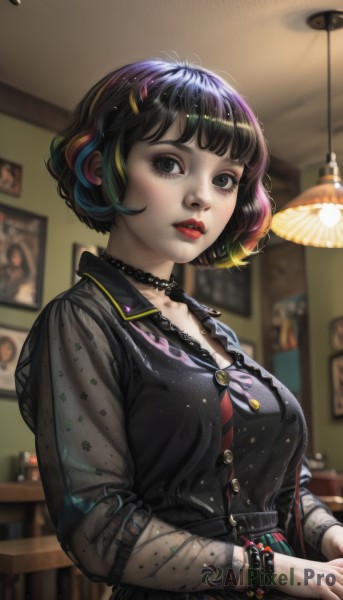 1girl,solo,breasts,looking at viewer,short hair,bangs,shirt,black hair,hair ornament,long sleeves,jewelry,medium breasts,closed mouth,standing,collarbone,upper body,multicolored hair,parted lips,choker,collared shirt,belt,artist name,indoors,blunt bangs,necklace,nail polish,blurry,black eyes,collar,bracelet,from side,two-tone hair,lips,streaked hair,fingernails,see-through,black shirt,eyelashes,makeup,buttons,depth of field,blurry background,watermark,black choker,bob cut,own hands together,lipstick,lace trim,lace,buckle,eyeshadow,freckles,nose,red lips,lamp,mascara,ceiling,blush,skirt,large breasts,ribbon,green hair,hairclip,striped,light particles,pink lips,realistic,eyeliner,ceiling light